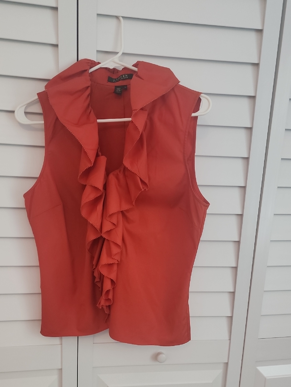 Ralph Lauren Coral Red Sleeveless Ruffle Blouse
